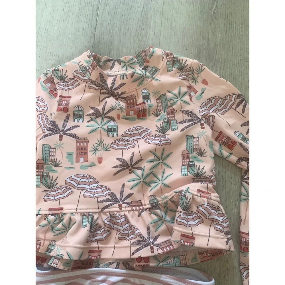 Janie and Jack Kids Peach Pink Mediterranean Print Rash Guard Swimsuit‎ Set 3